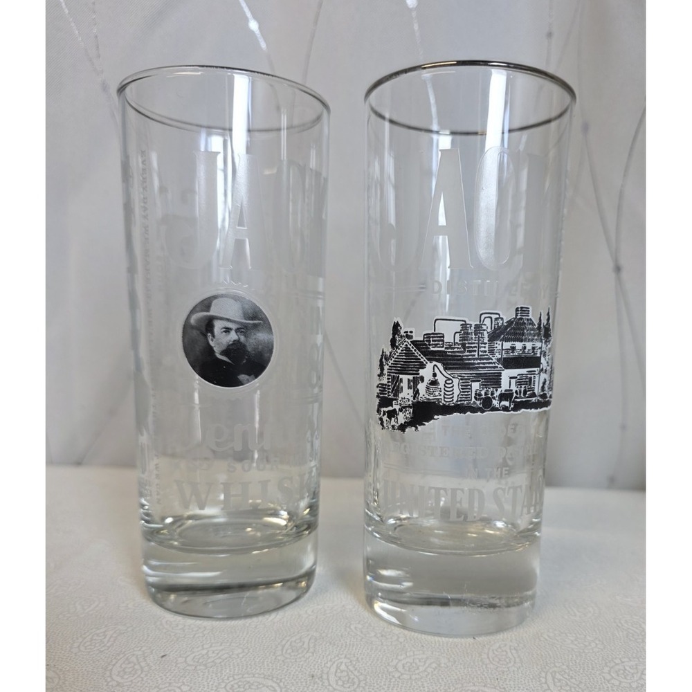 Jack Daniels 10oz Set Of 2 Highball Distillery Etched Silver Rim Painted